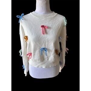 anthropologie Coquette Girly 3d Scattered Bow Sweater Cream Bright Pastels Sz S